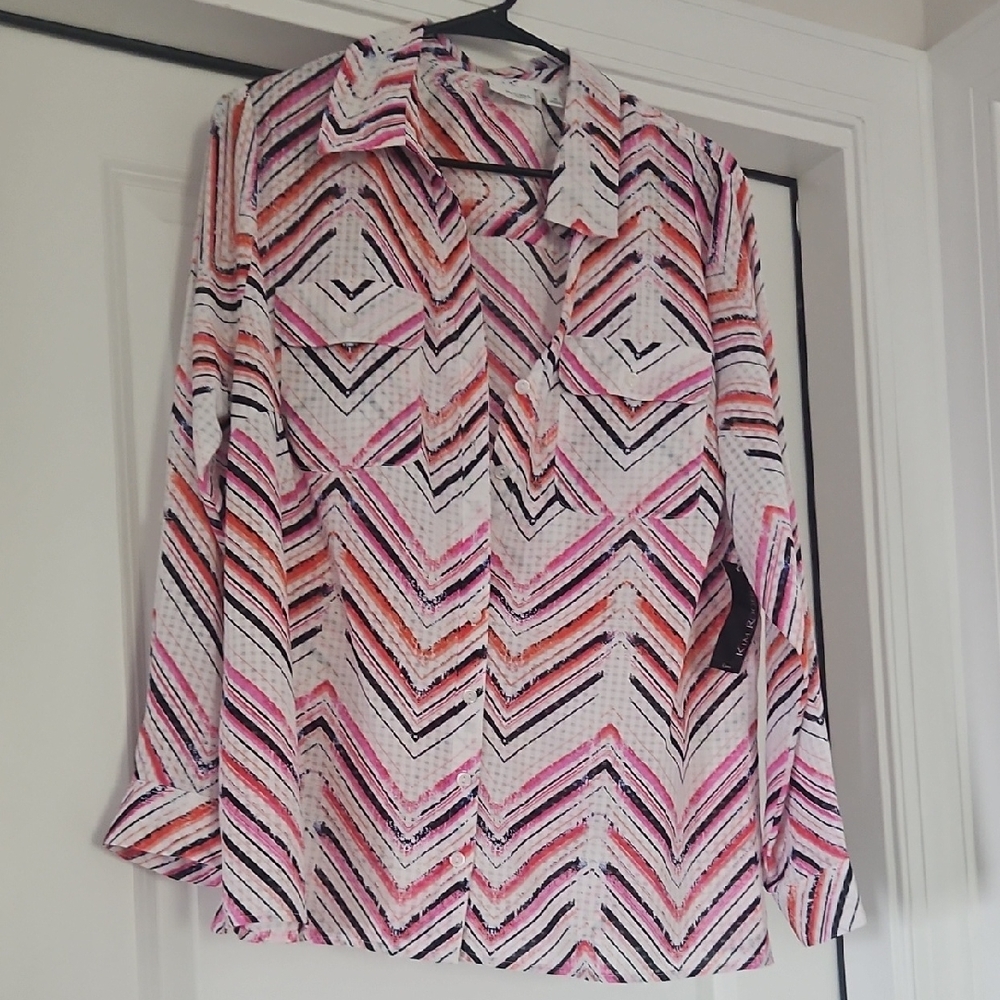 Kim Rogers Pink and Black Chevron Button Down Shirt